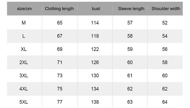 Size chart for Men’s Trendy Windproof Loose Oversized Hooded Jacket in cm.