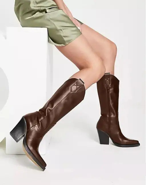 Unisex Knee High Cowboy Boots With Wedge Heels and Pointed