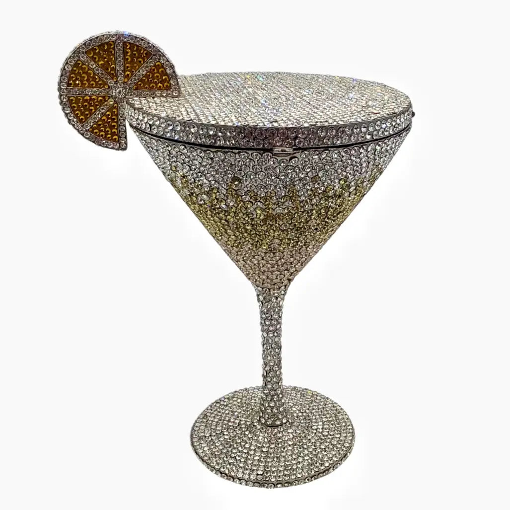 Pochette de cocktail en forme de verre, cloutée et ornée de strass