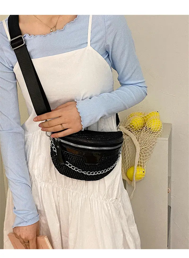 Black faux leather fanny pack with chain, perfect for the Sparkly Rhinestone Luxury Bum.