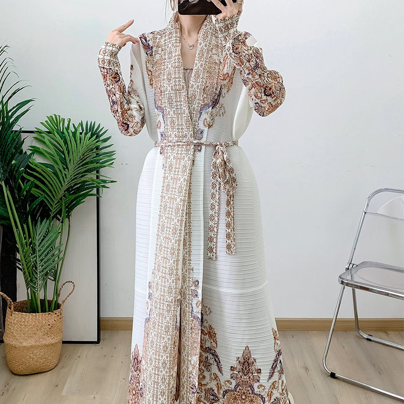 Beige pleated coat cape printed women's Arabic robe - Pleasures and Sins   Pleasures and Sins