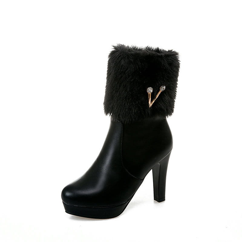 Stylish Ladies Winter Short Chunky Heel Fur Booties with Decorative Pins and Fur Trim