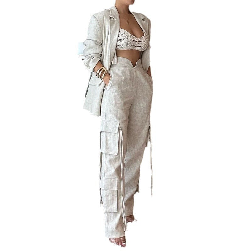 Fashionable two-piece multi pocket suit trousers with jacket