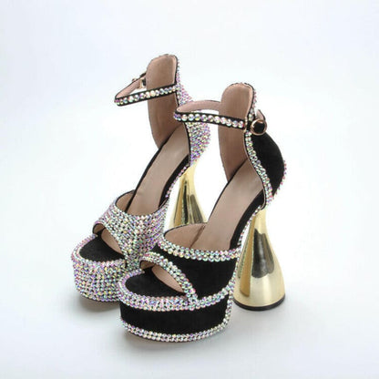 Glittery platform high heels with black accents and gold-colored chunky heels.