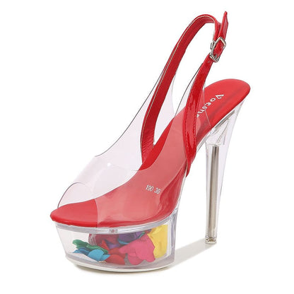 15cm Platform Shoes With Flower Filled Transparent Heel Red