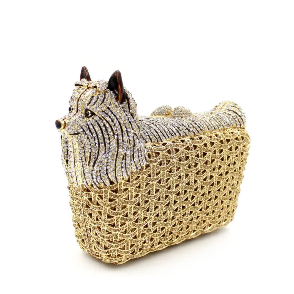 Sparkle with this puppy shaped rhinestone clutch, perfect for crystal dinner events.