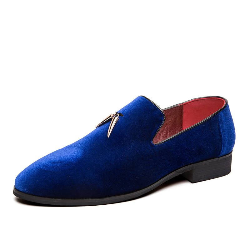 Royal blue velvet loafer with metallic accents in Vibrant Blue Men’s Tassel Velour British style.