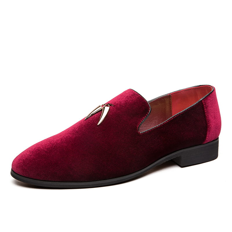 Burgundy velvet loafer with metallic accent, perfect for Men’s Tassel Velour British style.