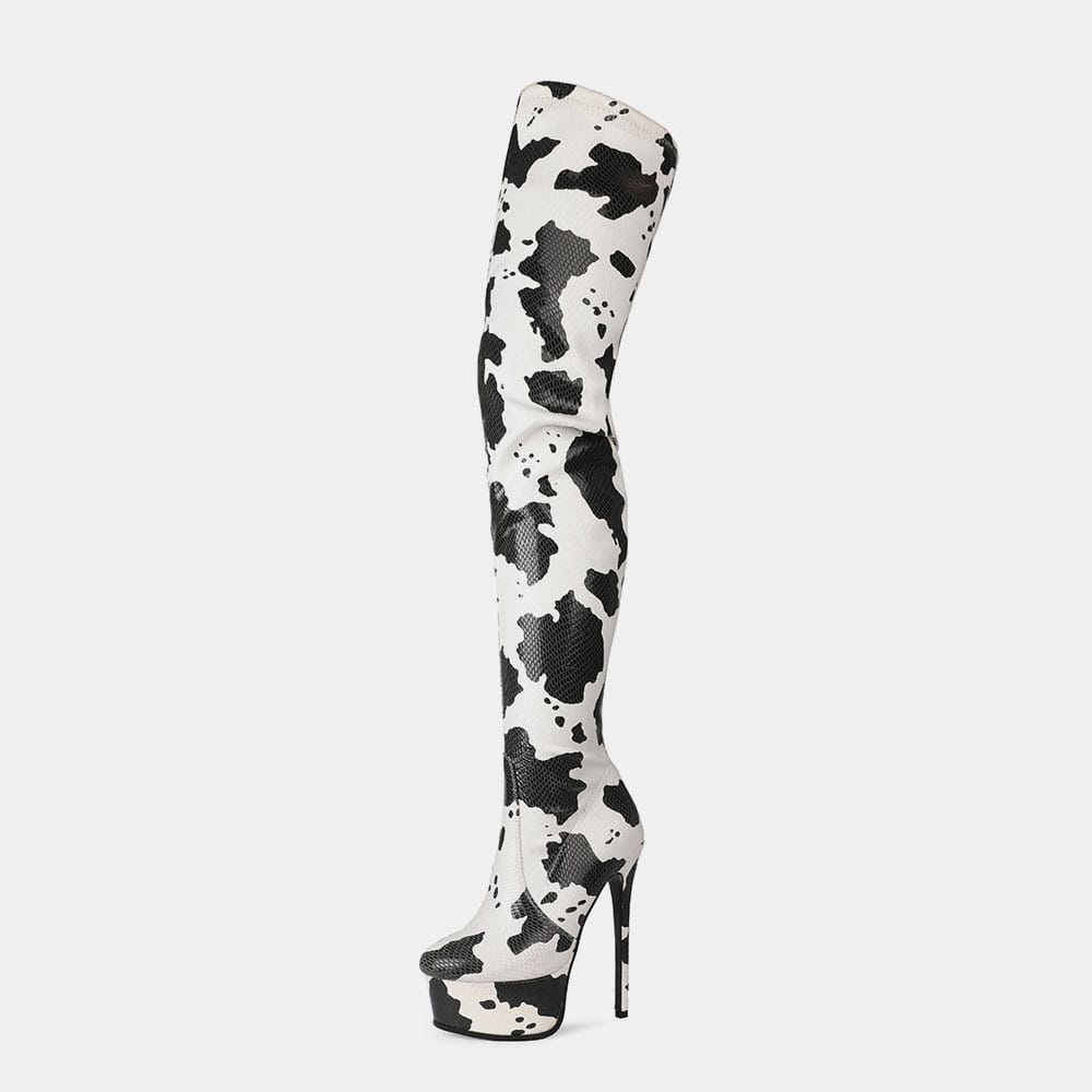 Platform Round Head Cow Pattern Over The Knee Boots Women’s