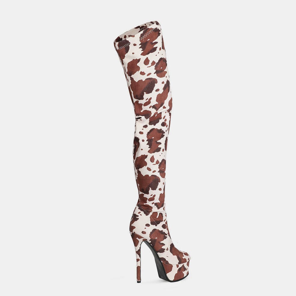 Platform Round Head Cow Pattern Over The Knee Boots Women’s