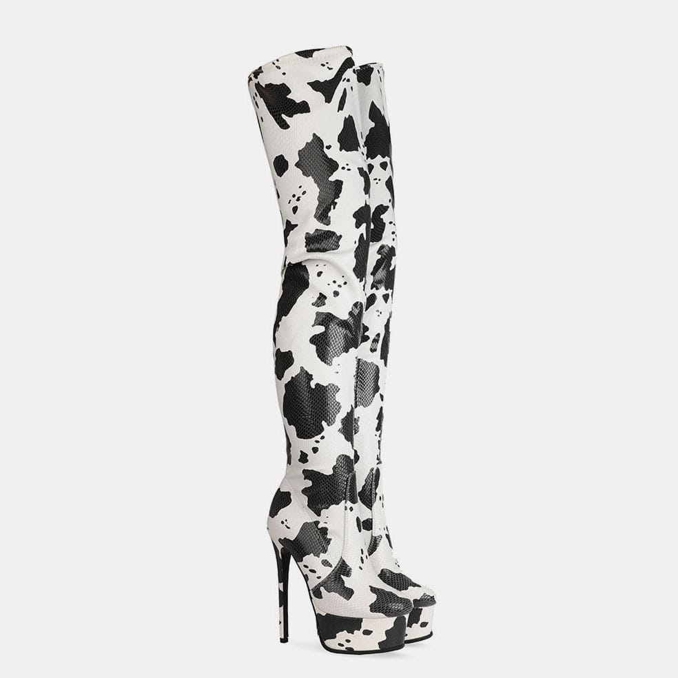 Platform Round Head Cow Pattern Over The Knee Boots Women’s