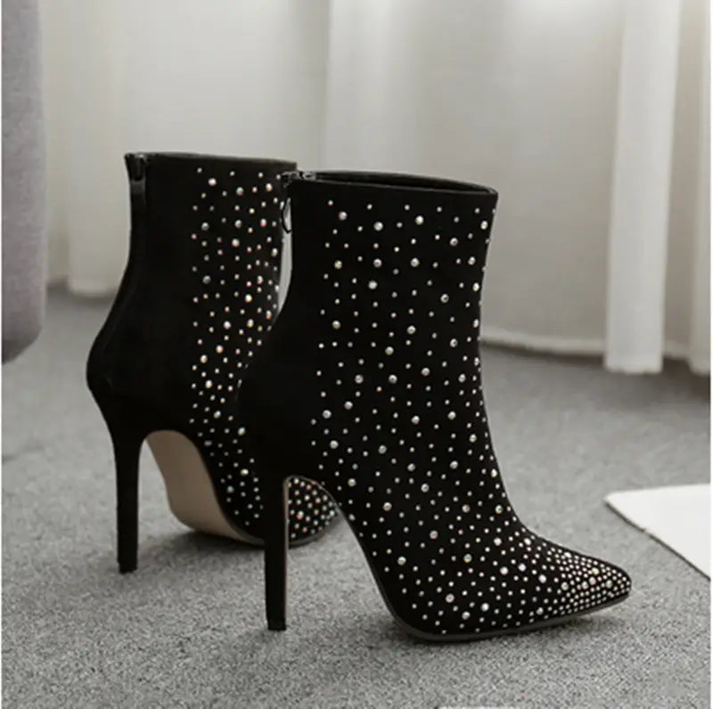 Black suede ankle boots with silver studs, perfect ladies suede rhinestone style.