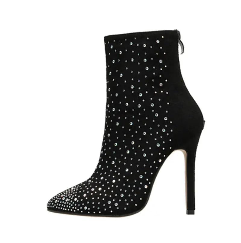 Ladies Suede Rhinestone Pointed Toe Short Boots with stiletto heel and silver accents.