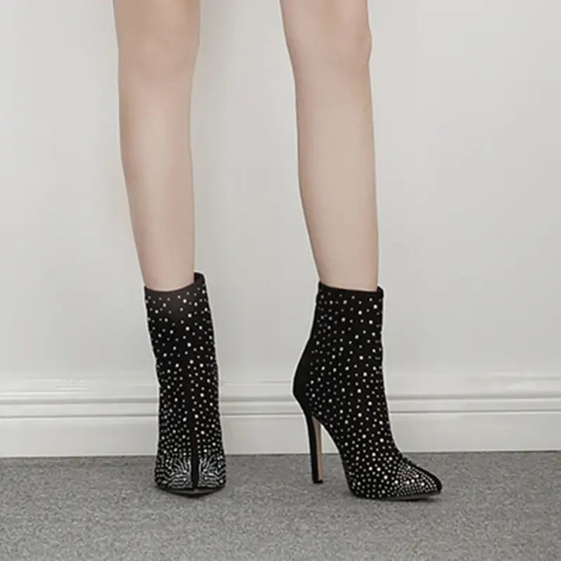 Stylish Ladies Suede Rhinestone Pointed Toe Short Boots with sparkly rhinestones.