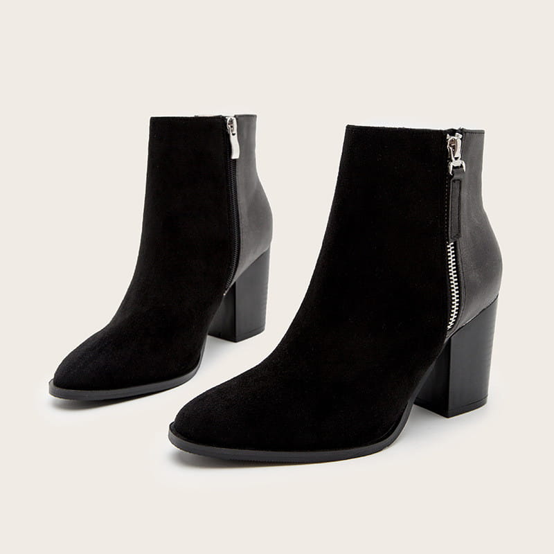 Black suede ankle boots with chunky heels and side zippers, perfect short faux suede style.