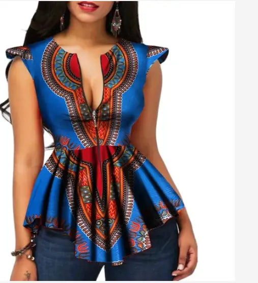 Ladies African Colourful Cotton Cinch Waist Blouse