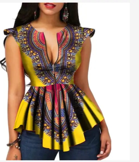 Ladies African Colourful Cotton Cinch Waist Blouse