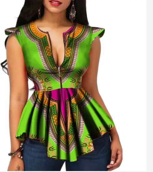 Ladies African Colourful Cotton Cinch Waist Blouse