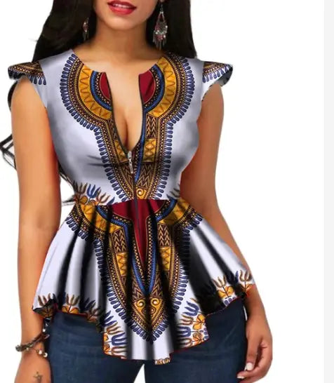 Ladies African Colourful Cotton Cinch Waist Blouse