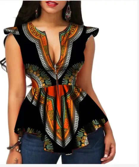 Ladies African Colourful Cotton Cinch Waist Blouse