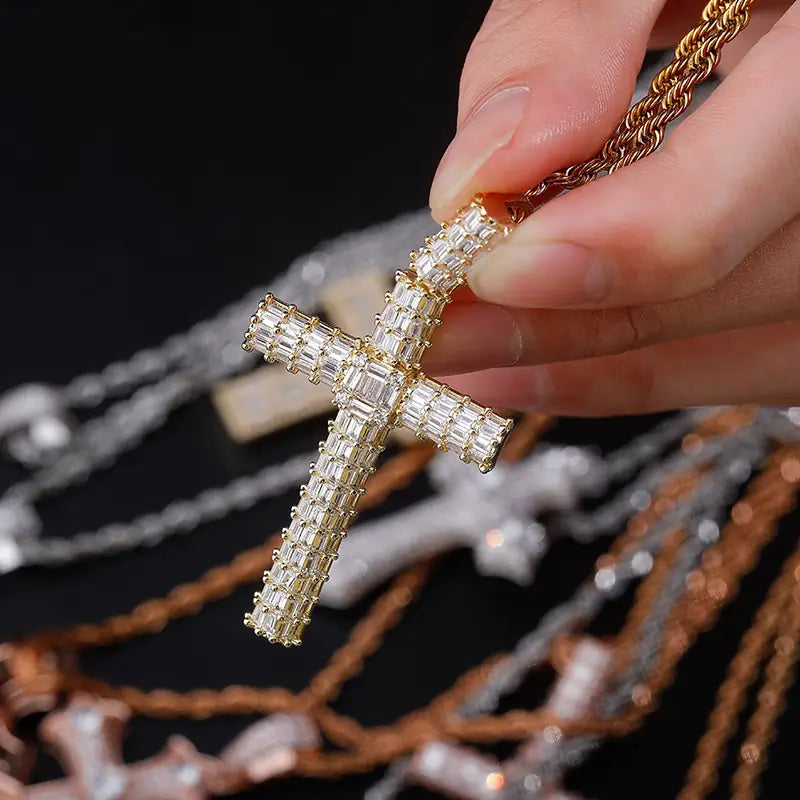 Gold cross pendant necklace with diamonds, perfect for stylish hip-hop vibes.