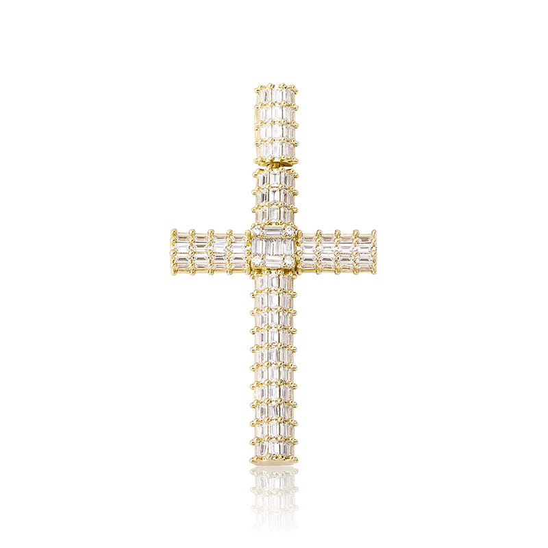 Gold cross pendant necklace blinged out with baguette diamonds for hip-hop vibes.