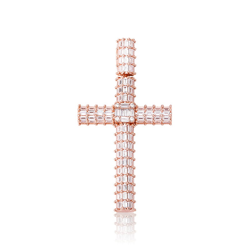 Rose gold cross pendant necklace with baguette diamonds for stylish hip-hop vibes