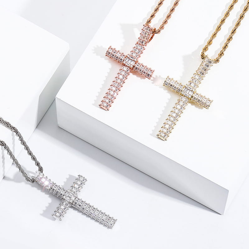 Crystal-studded cross pendant necklaces in silver, gold, and rose gold for hip-hop vibes.