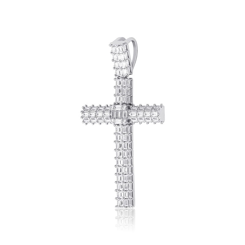 Diamond-studded cross pendant necklace in white gold for stylish hip-hop vibes.