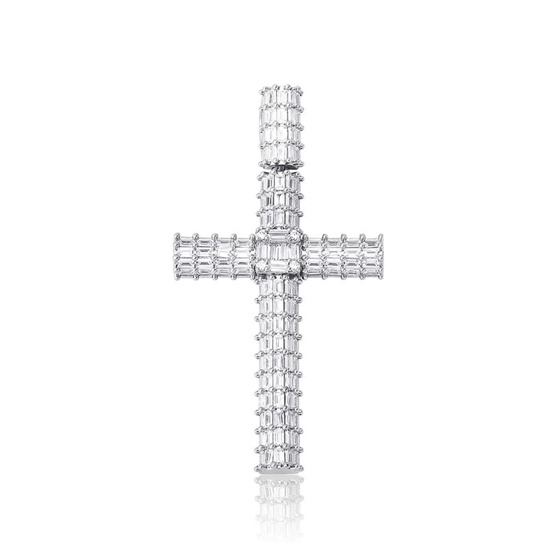 Cool Diamond-encrusted cross pendant necklace with baguette-cut stones for hip-hop vibes.