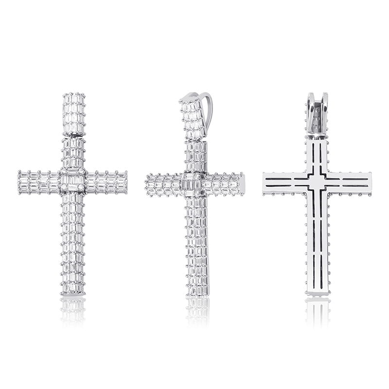 Three silver cross pendants with diamonds in a stylish cross pendant necklace.