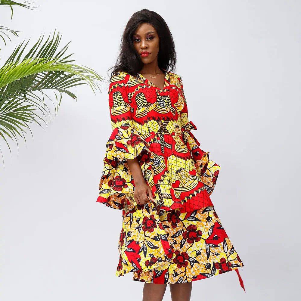 Traditional African Backless Batik Dress With Big Sleeves