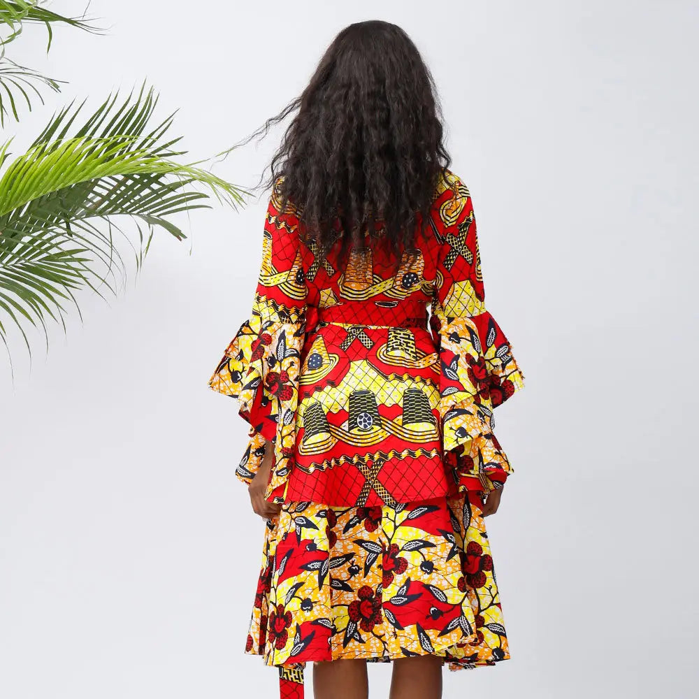 Traditional African Backless Batik Dress With Big Sleeves