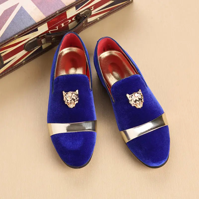 Royal Blue Velour Formal Shoes with metal lion head motif and stylish silver bands.