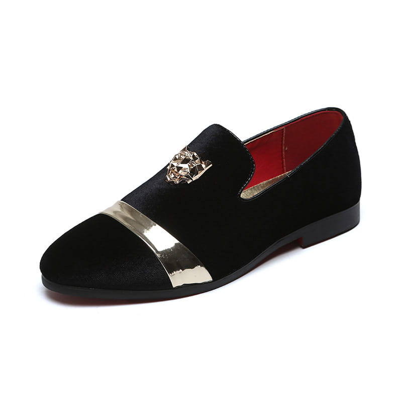 Stylish black velvet loafer with gold accents and crown, perfect for velour formal shoes.