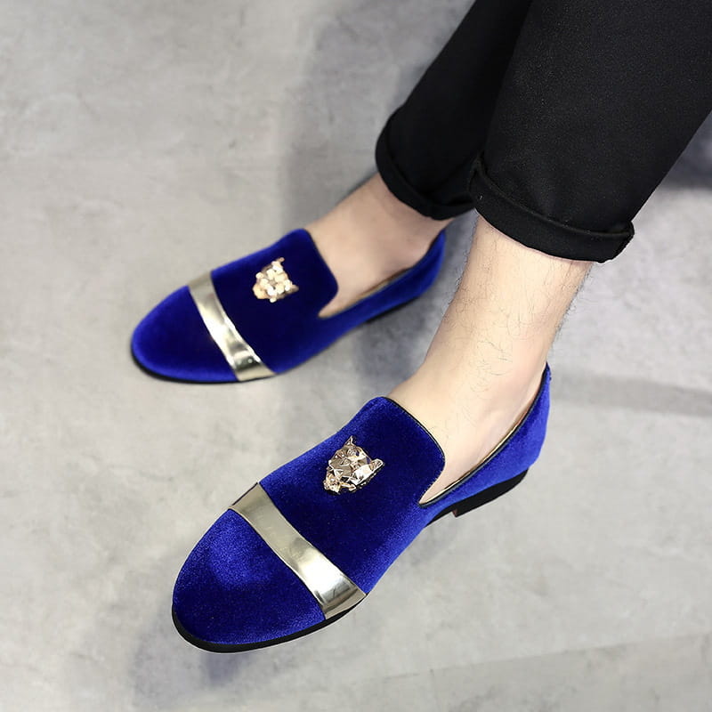 Royal Blue Velour Formal Shoes with Metal Lion Head Motif and decorative wolf emblems.