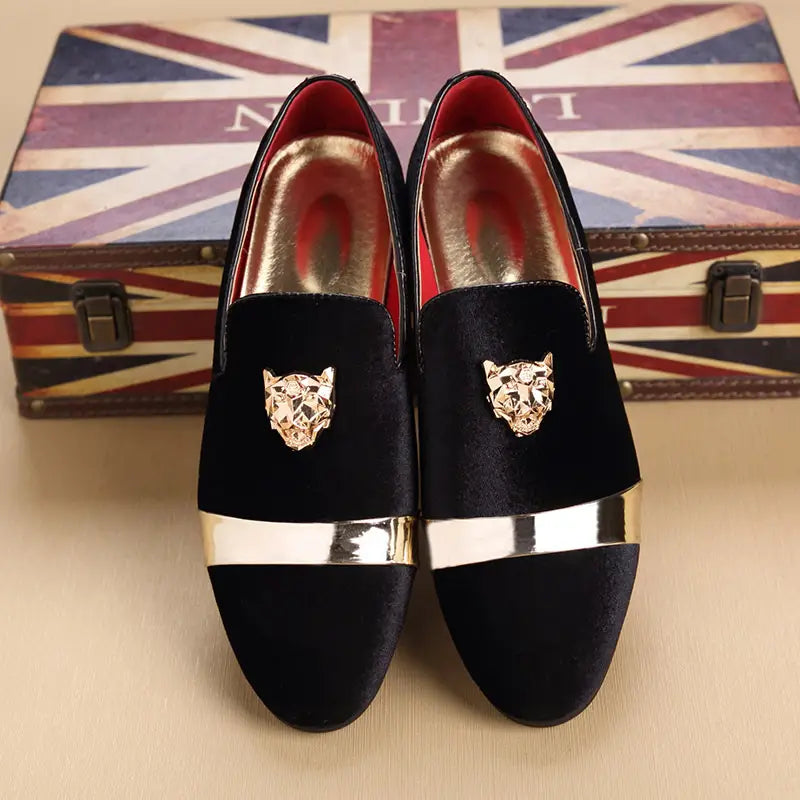 Stylish Black Velvet Loafers with Metal Lion Head Motif for Velour Formal Shoes.