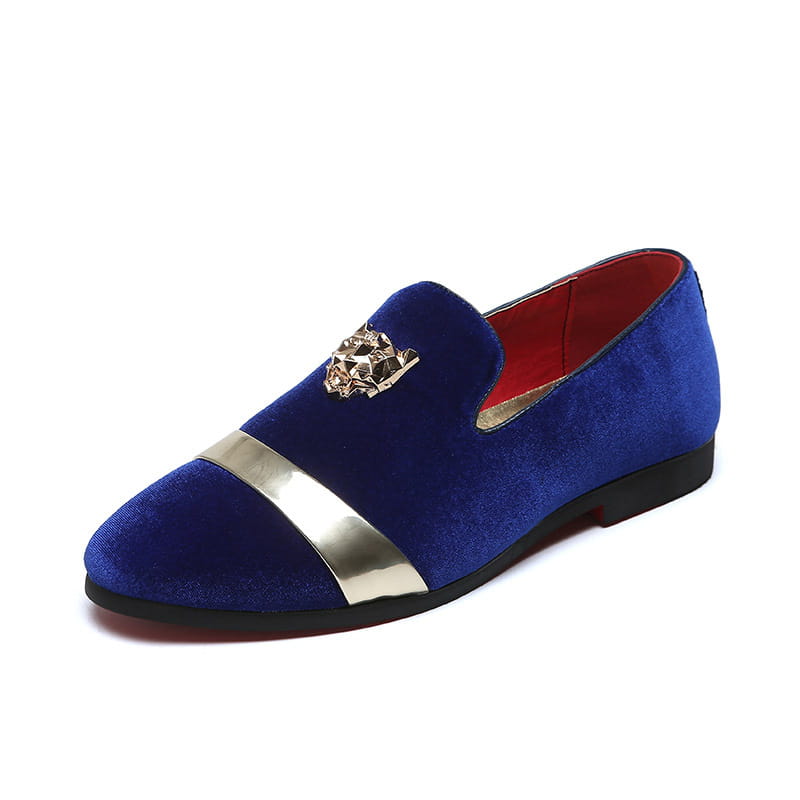 Royal Blue Velour Formal Shoes featuring a stylish Metal Lion Head motif and crown embellishment.