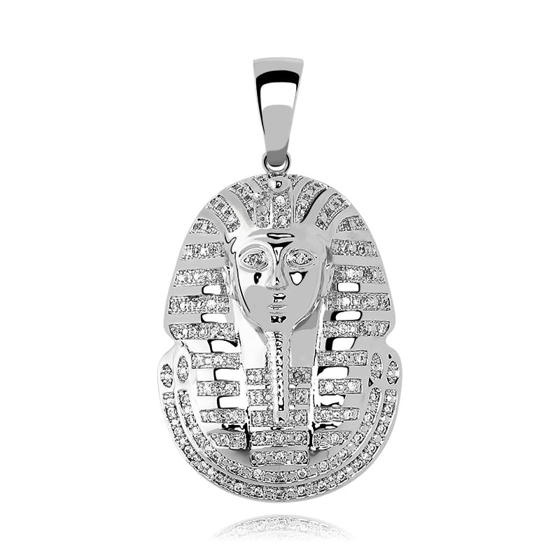 Silver pendant of Egyptian pharaoh’s death mask with diamonds for steampunk style copper necklace.