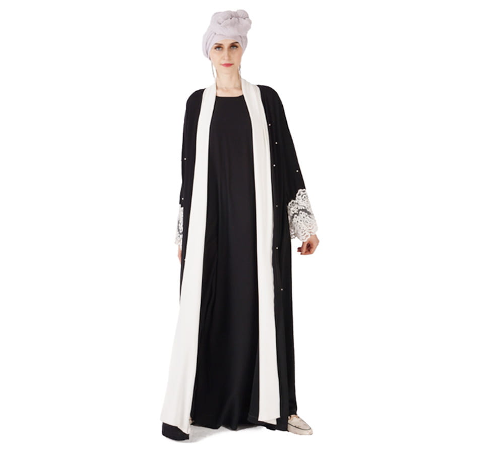 Ladies Black Beaded Muslim Robe with Lace Cuffs