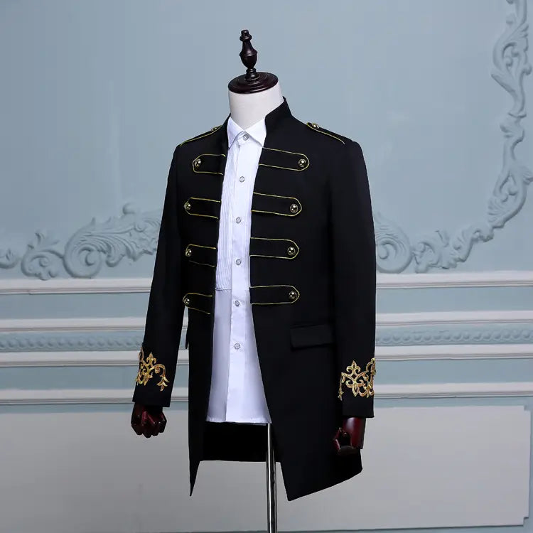 Military-style black jacket with gold braiding, a stylish double-breasted embroidered long fit.