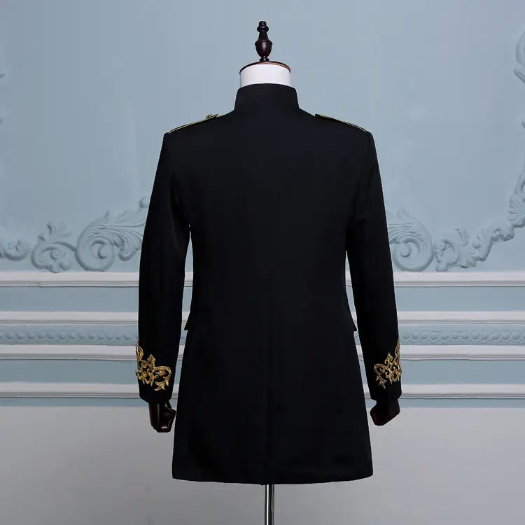 Black double-breasted embroidered long slim fit jacket with gold sleeve details.