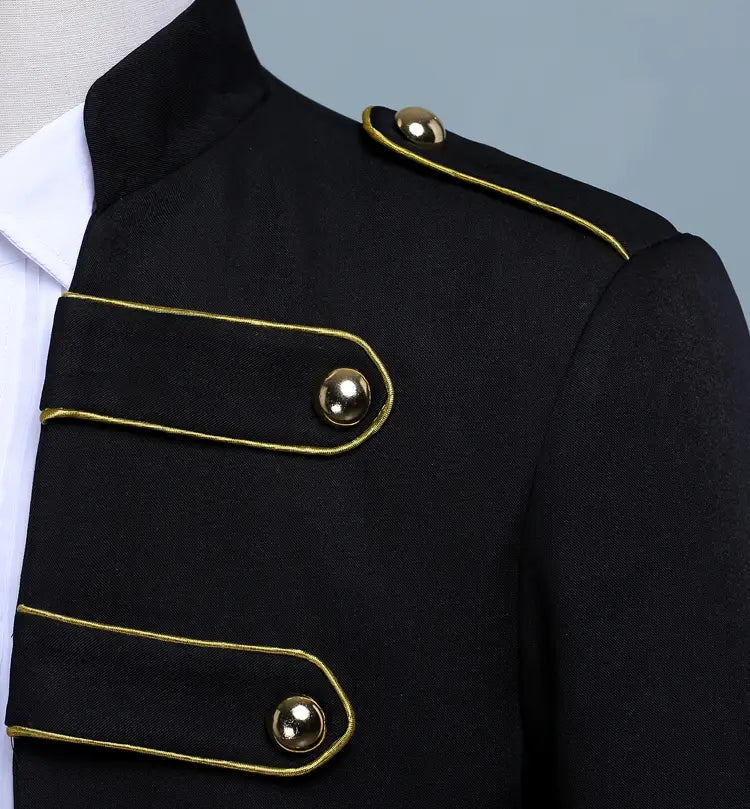 Black military-style double-breasted embroidered long slim fit jacket with gold trim.