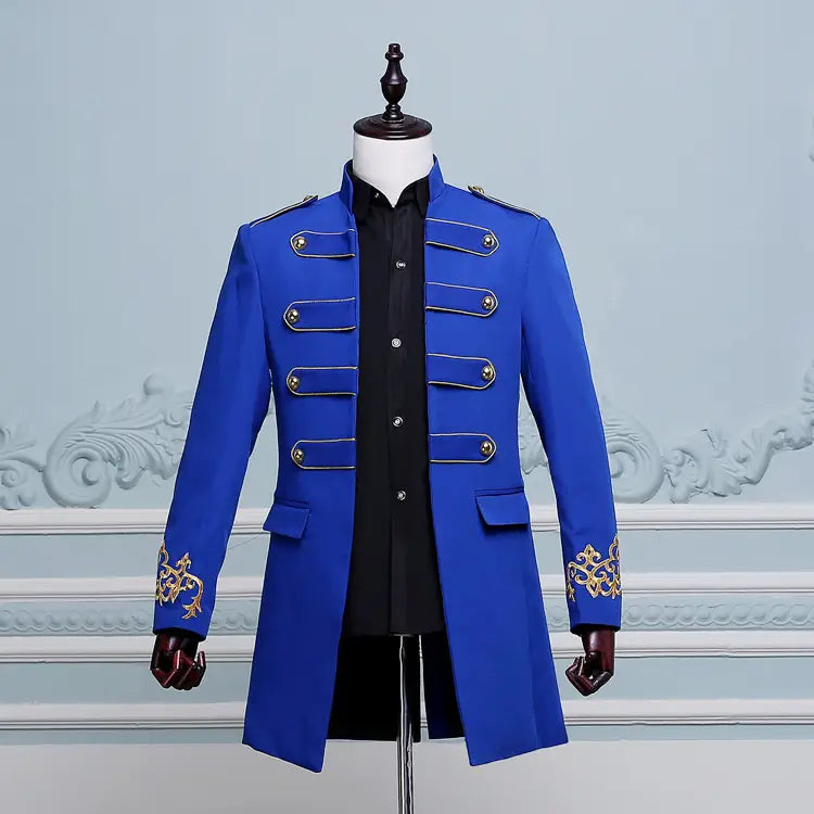 Royal blue double-breasted embroidered long slim fit jacket with gold detailing.