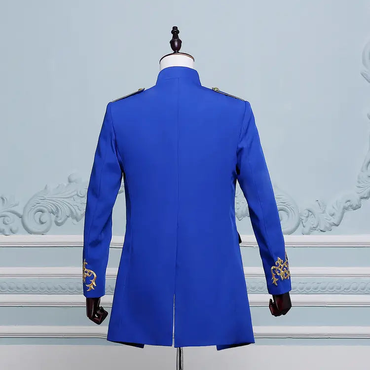 Royal blue slim fit formal jacket with gold embroidered long sleeves for a stylish look.