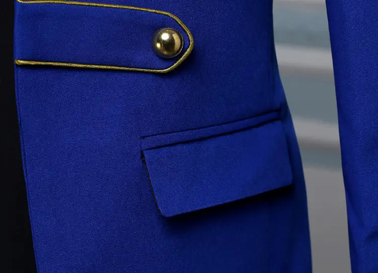 Royal blue military jacket pocket with gold buttons and epaulettes for slim fit style.