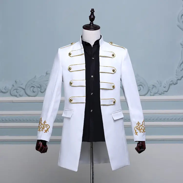 White double-breasted embroidered long slim fit jacket with gold buttons and details.