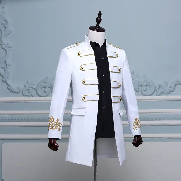 White double-breasted embroidered long slim fit jacket with gold buttons and details.