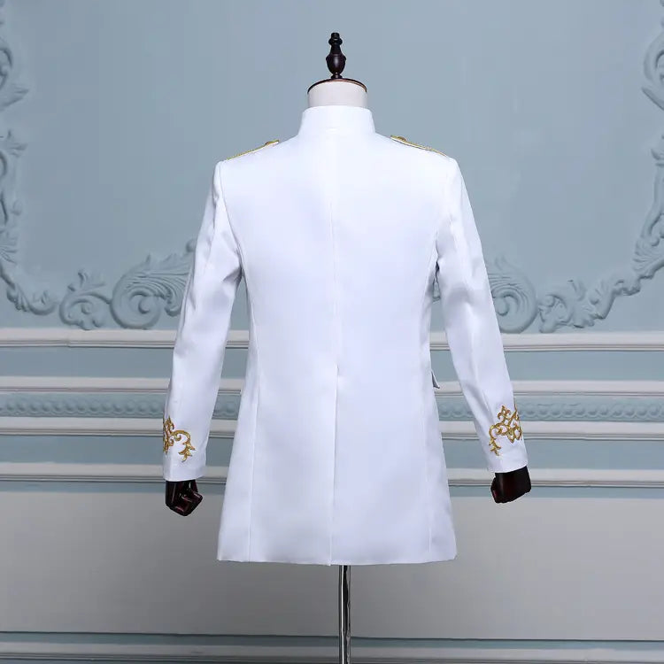 White double-breasted embroidered long slim fit jacket with gold embellishments on sleeves.