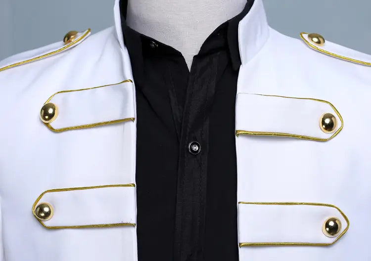 White military-style double-breasted embroidered long slim fit jacket with gold braiding.